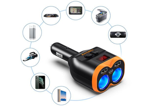 Rozdeľovač do auto zásuvky 2x + 2xUSB+1xUSB-C 80W  12-24V - Image 5