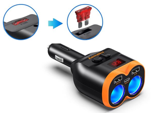 Rozdeľovač do auto zásuvky 2x + 2xUSB+1xUSB-C 80W  12-24V - Image 6